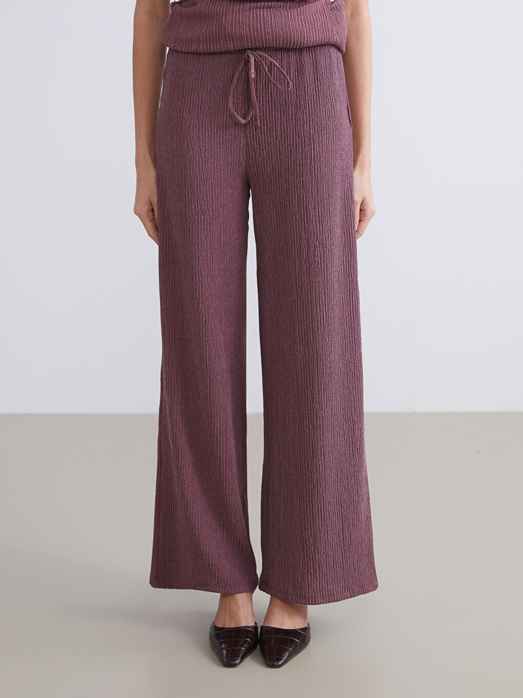 Elasticated Waist Textured Wide Leg Women's Trousers-1