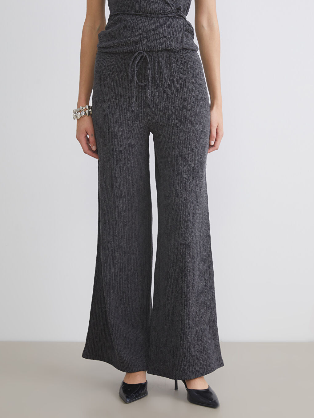 Elasticated Waist Textured Wide Leg Women's Trousers-2