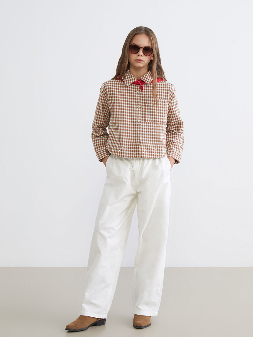 Kahverengi Ekose Kız Çocuk Gömlek-1