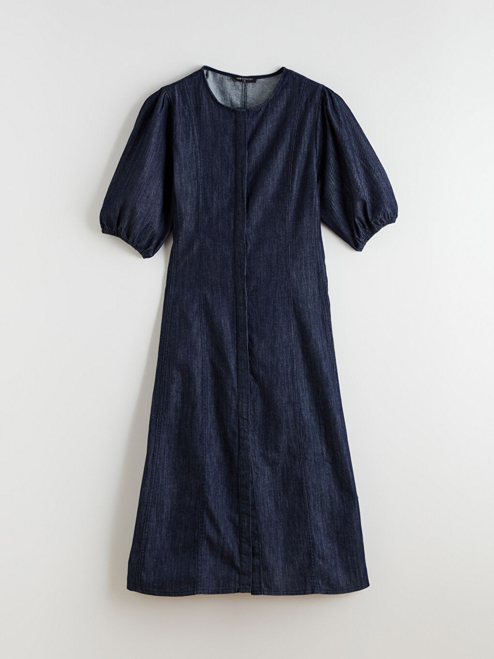 İndigo Balon Kollu Belden Oturtmalı Jean Elbise-4