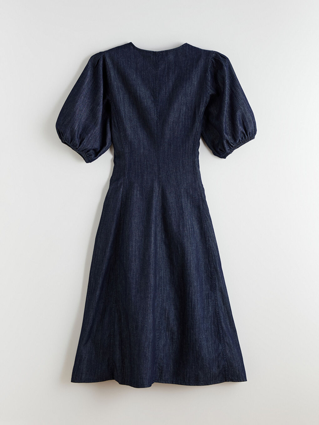 İndigo Balon Kollu Belden Oturtmalı Jean Elbise-5