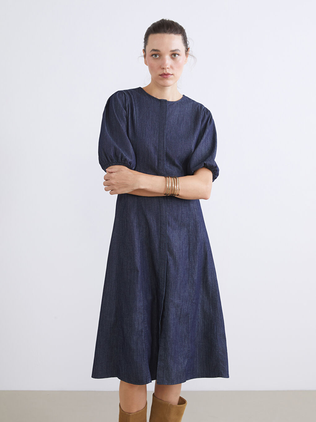 İndigo Balon Kollu Belden Oturtmalı Jean Elbise-1