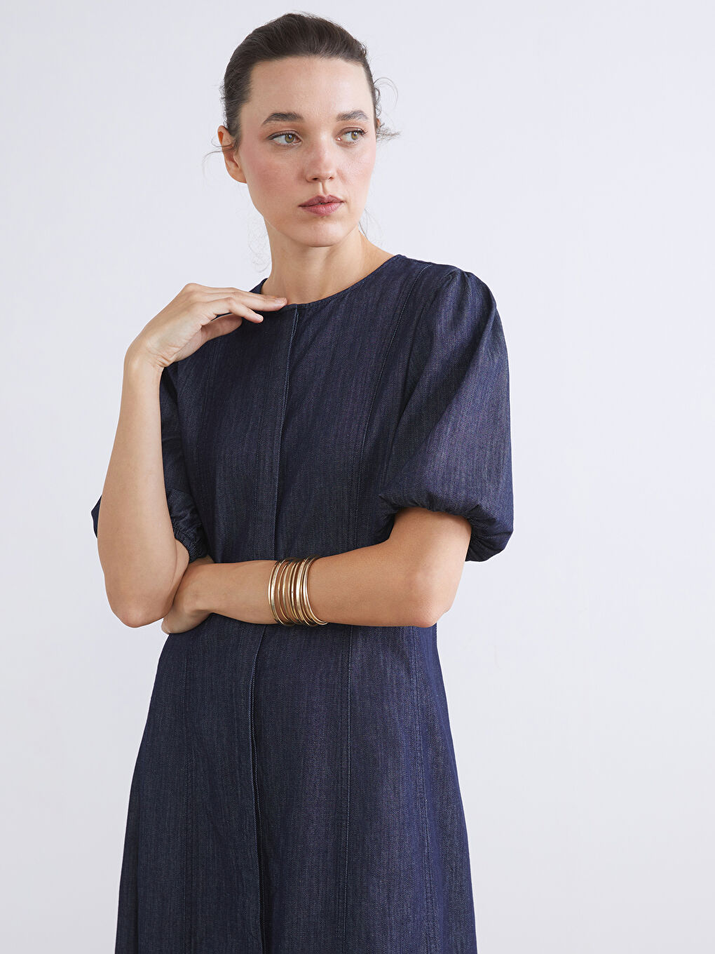 İndigo Balon Kollu Belden Oturtmalı Jean Elbise-2