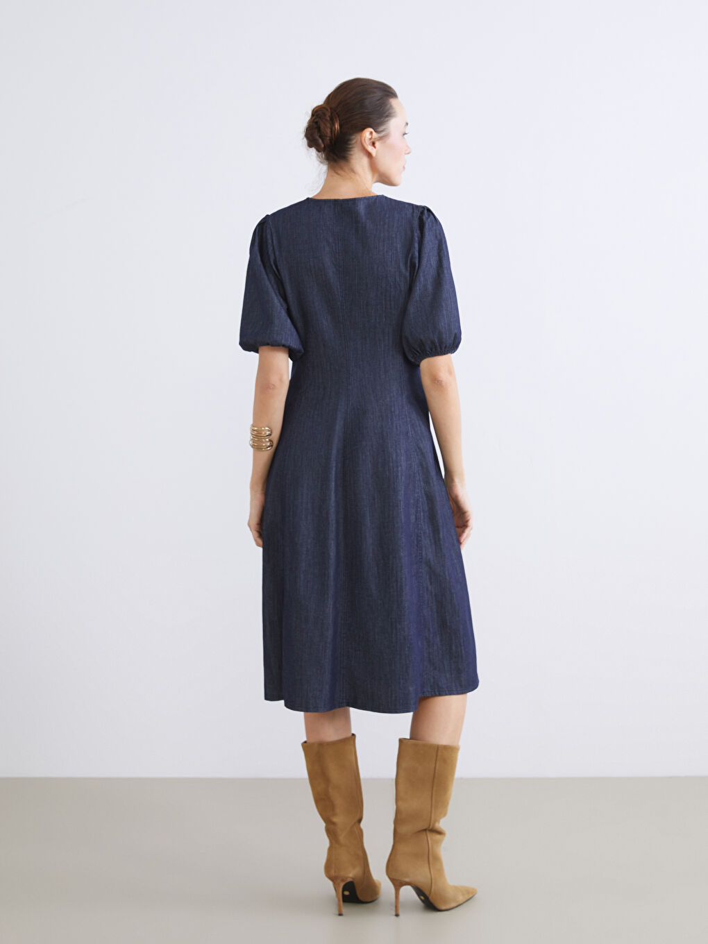 İndigo Balon Kollu Belden Oturtmalı Jean Elbise-3