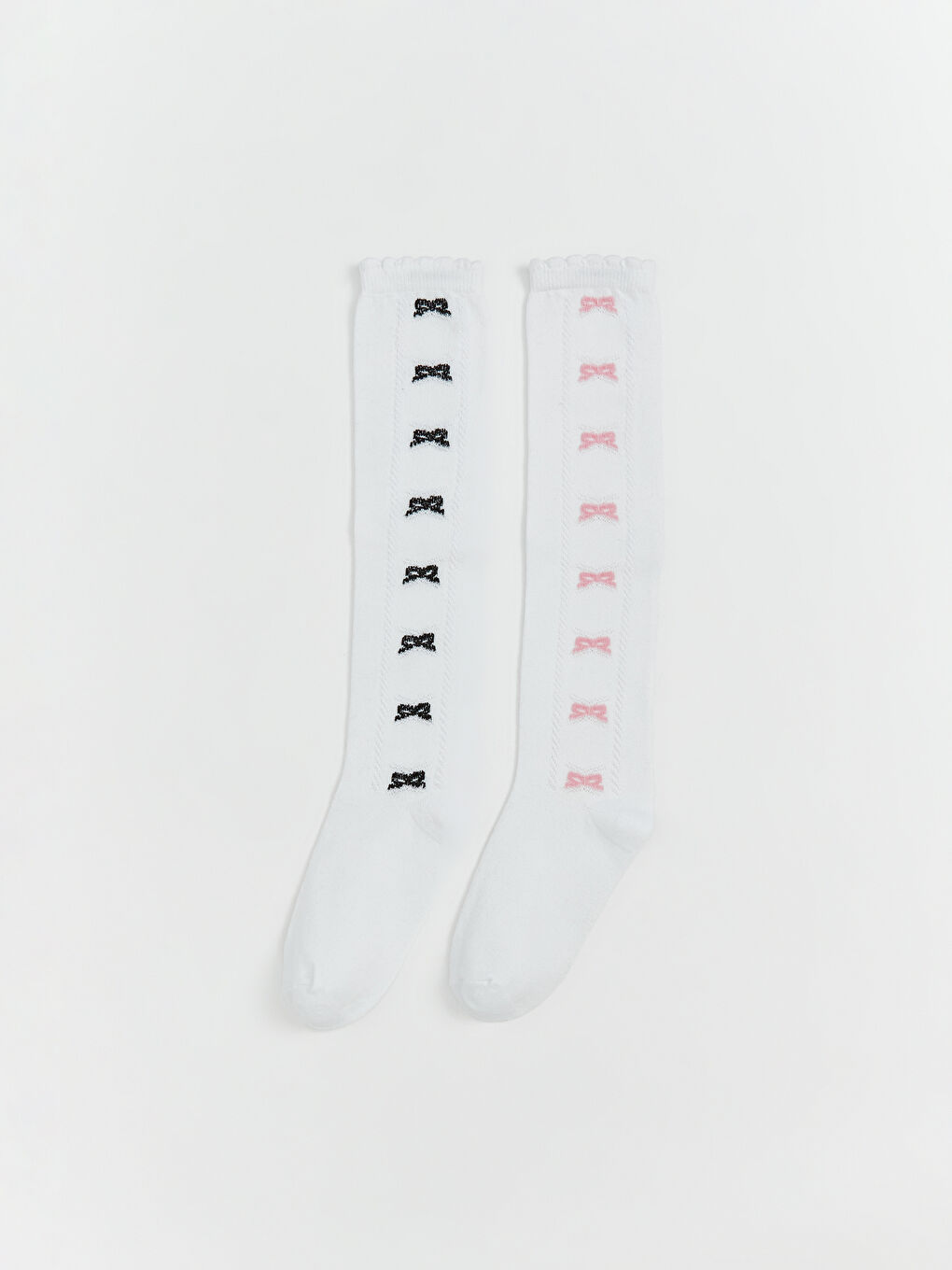 Beyaz Fiyonk Desenli Kız Çocuk Diz Altı Çorap 2'li