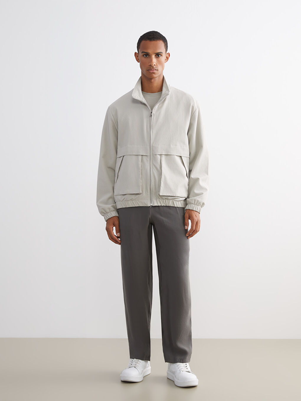 Bej Rahat Kalıp Dik Yaka Erkek Mont-1