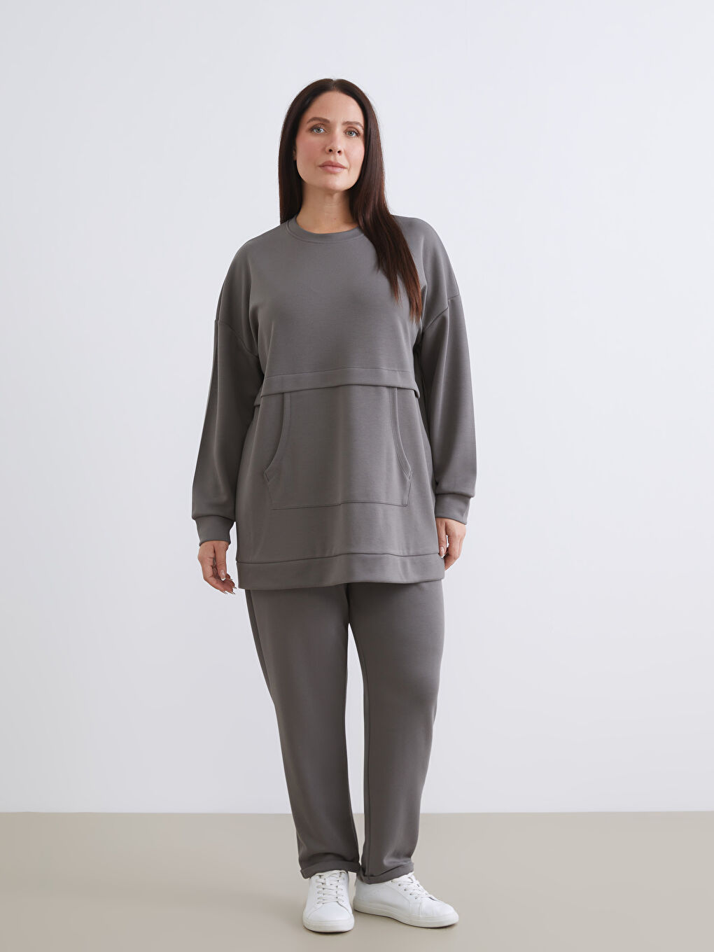 Gri Büyük Beden Bisiklet Yaka Kadın Sweatshirt Tunik-5