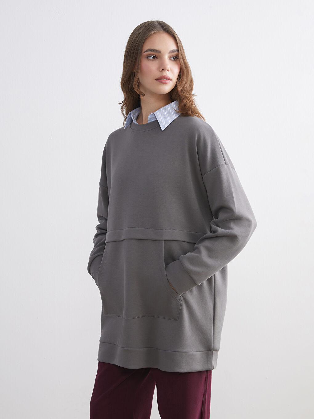 Gri Büyük Beden Bisiklet Yaka Kadın Sweatshirt Tunik