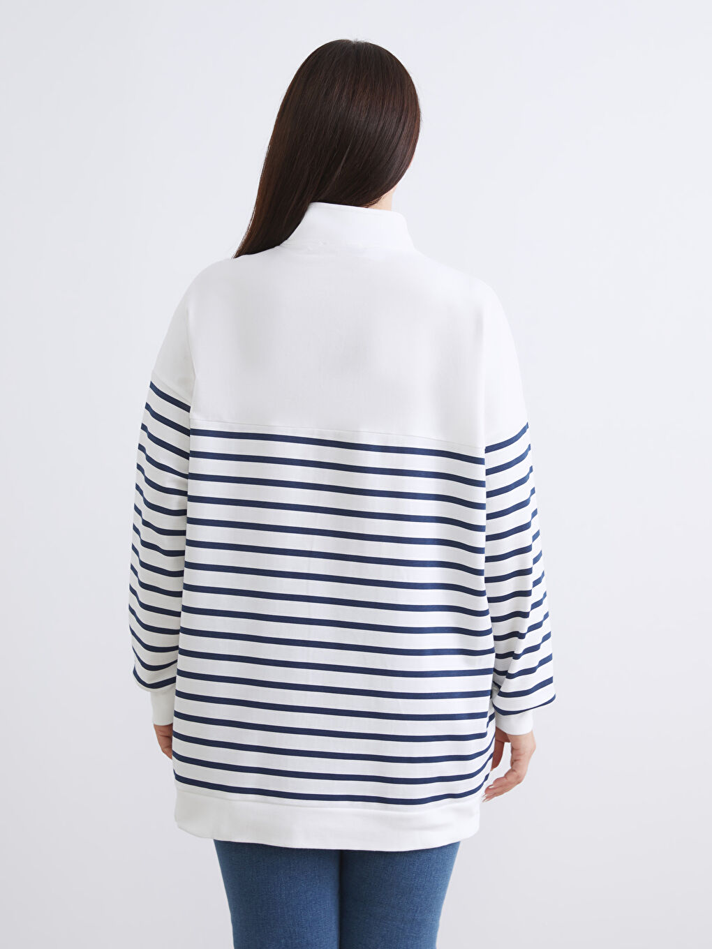 Lacivert Büyük Beden Çizgili Kadın Sweatshirt Tunik-7