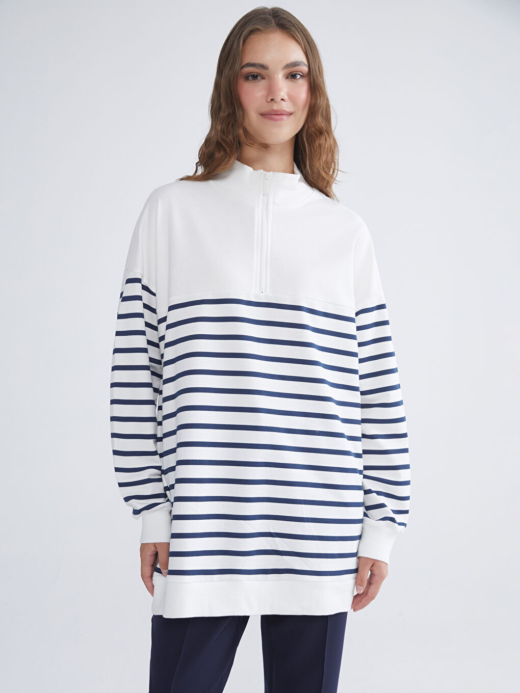 Lacivert Büyük Beden Çizgili Kadın Sweatshirt Tunik