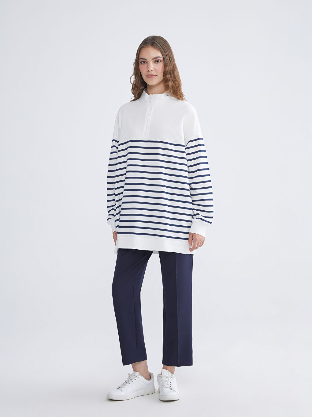 Lacivert Büyük Beden Çizgili Kadın Sweatshirt Tunik-2