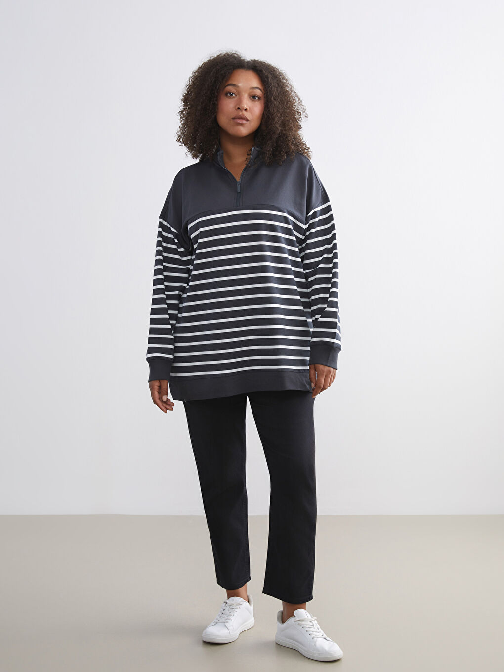 Gri Büyük Beden Çizgili Kadın Sweatshirt Tunik-7