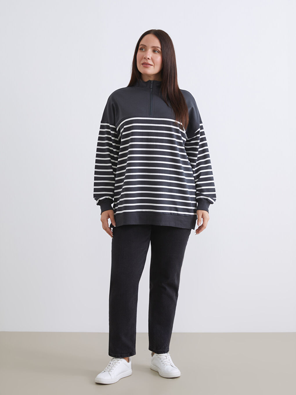 Gri Büyük Beden Çizgili Kadın Sweatshirt Tunik-6