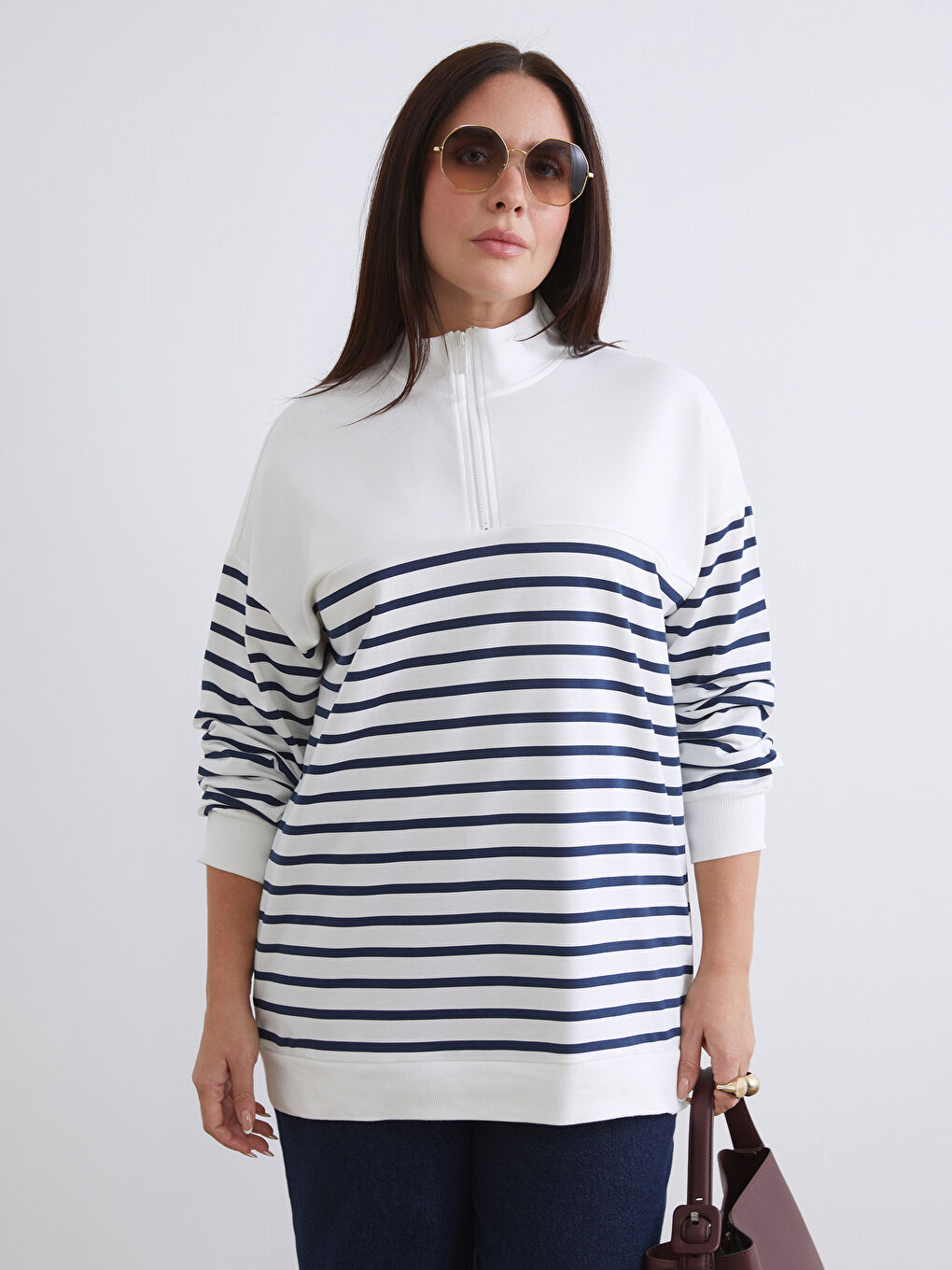 Lacivert Büyük Beden Çizgili Kadın Sweatshirt Tunik-1