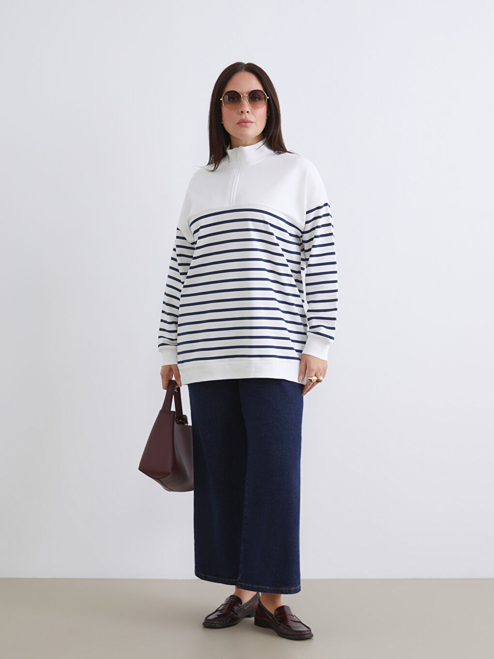 Lacivert Büyük Beden Çizgili Kadın Sweatshirt Tunik-5