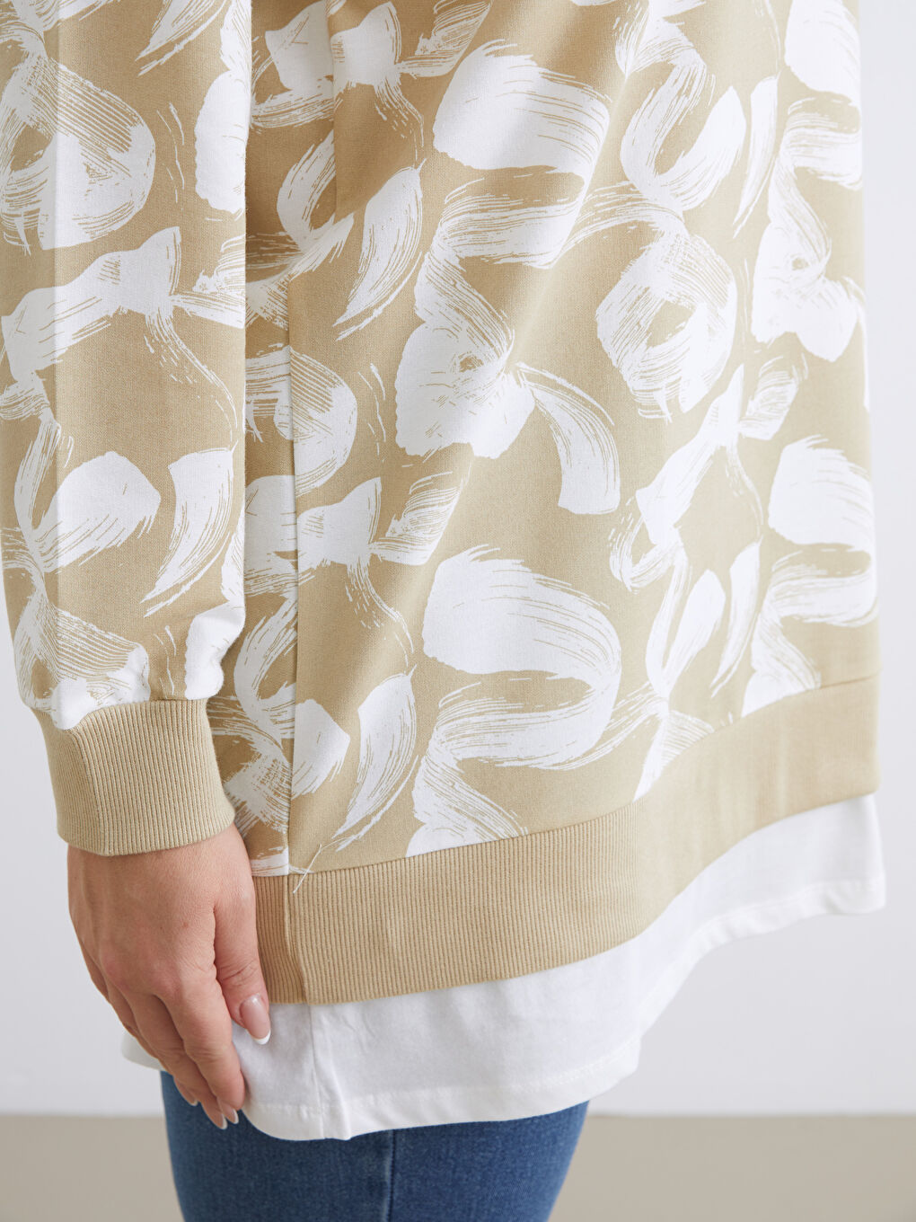 Yeşil Bisiklet Yaka Desenli Kadın Sweatshirt Tunik-5