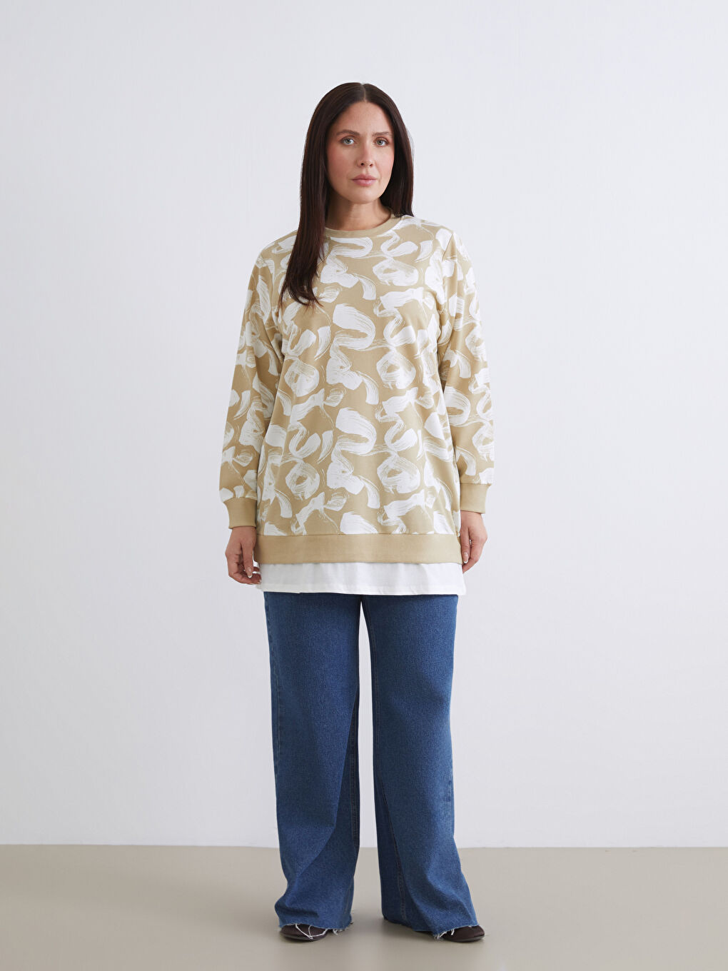 Yeşil Bisiklet Yaka Desenli Kadın Sweatshirt Tunik-3