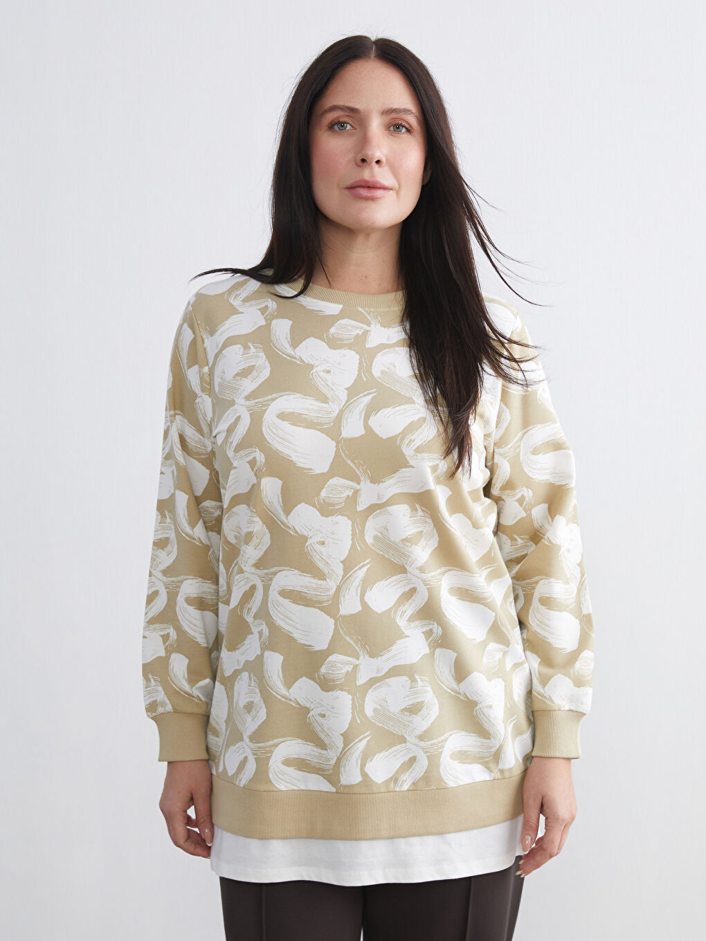 Yeşil Bisiklet Yaka Desenli Kadın Sweatshirt Tunik-1