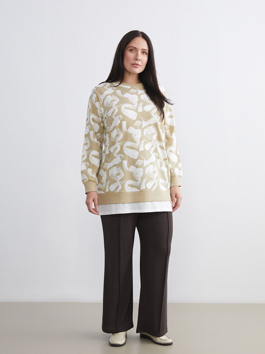 Yeşil Bisiklet Yaka Desenli Kadın Sweatshirt Tunik-2