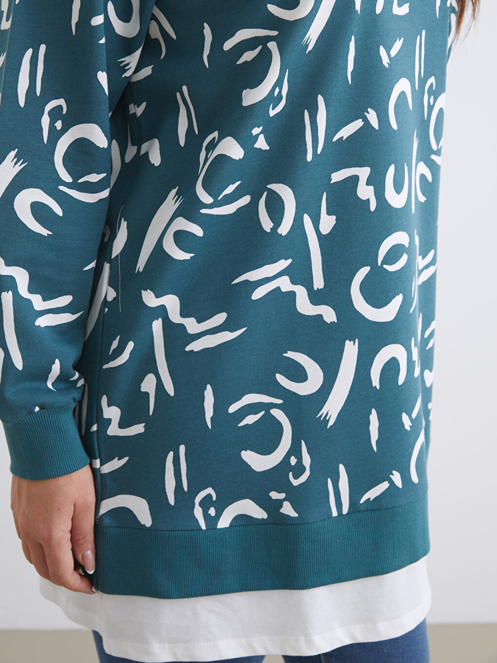 Petrol Bisiklet Yaka Desenli Kadın Sweatshirt Tunik-5