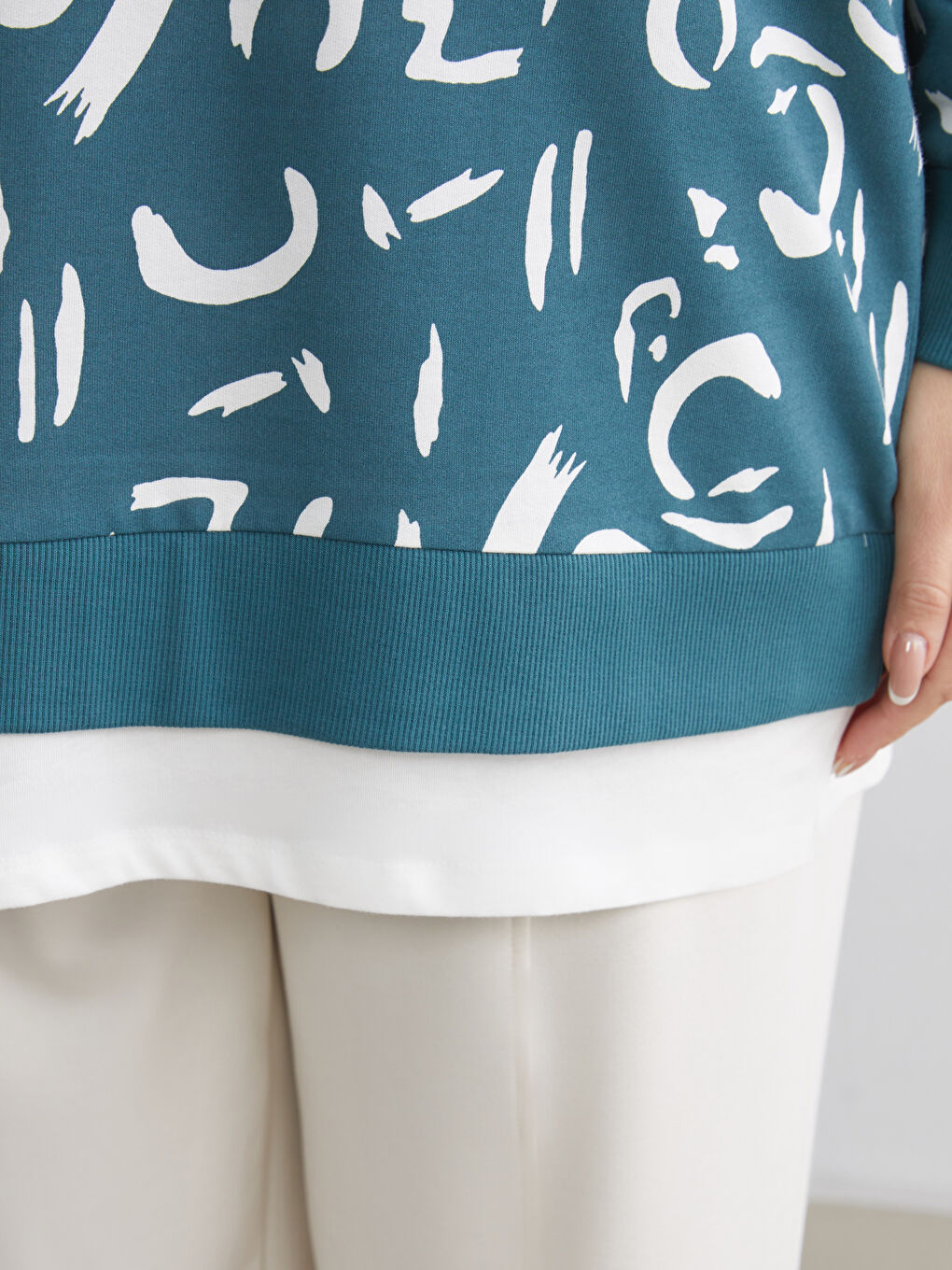 Petrol Bisiklet Yaka Desenli Kadın Sweatshirt Tunik-4