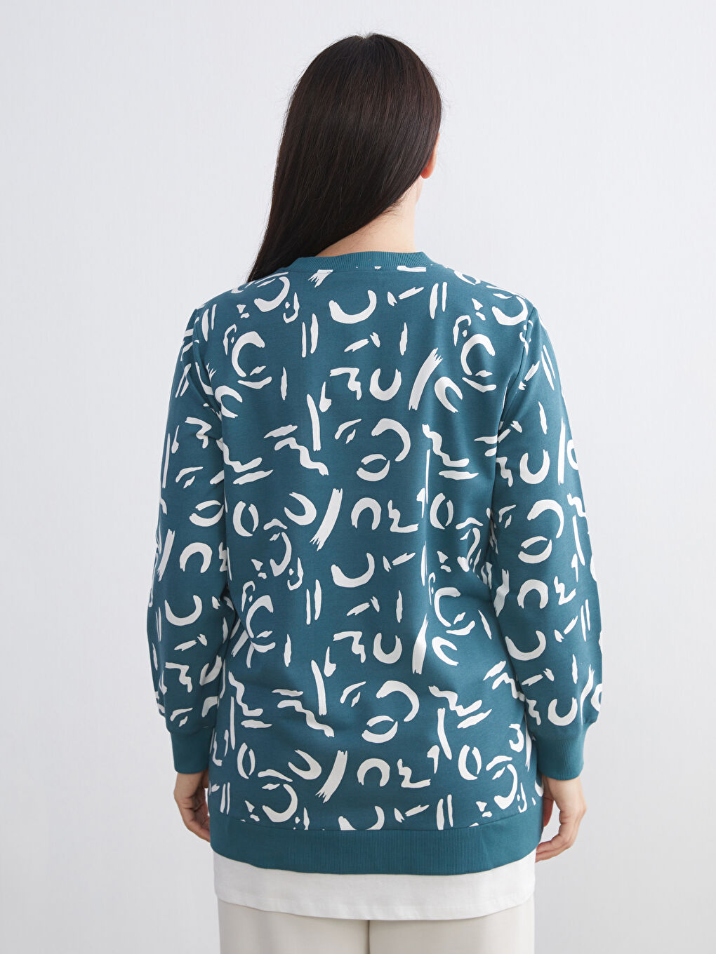 Petrol Bisiklet Yaka Desenli Kadın Sweatshirt Tunik-6