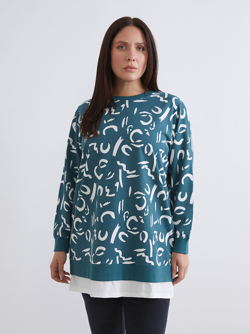 Petrol Bisiklet Yaka Desenli Kadın Sweatshirt Tunik