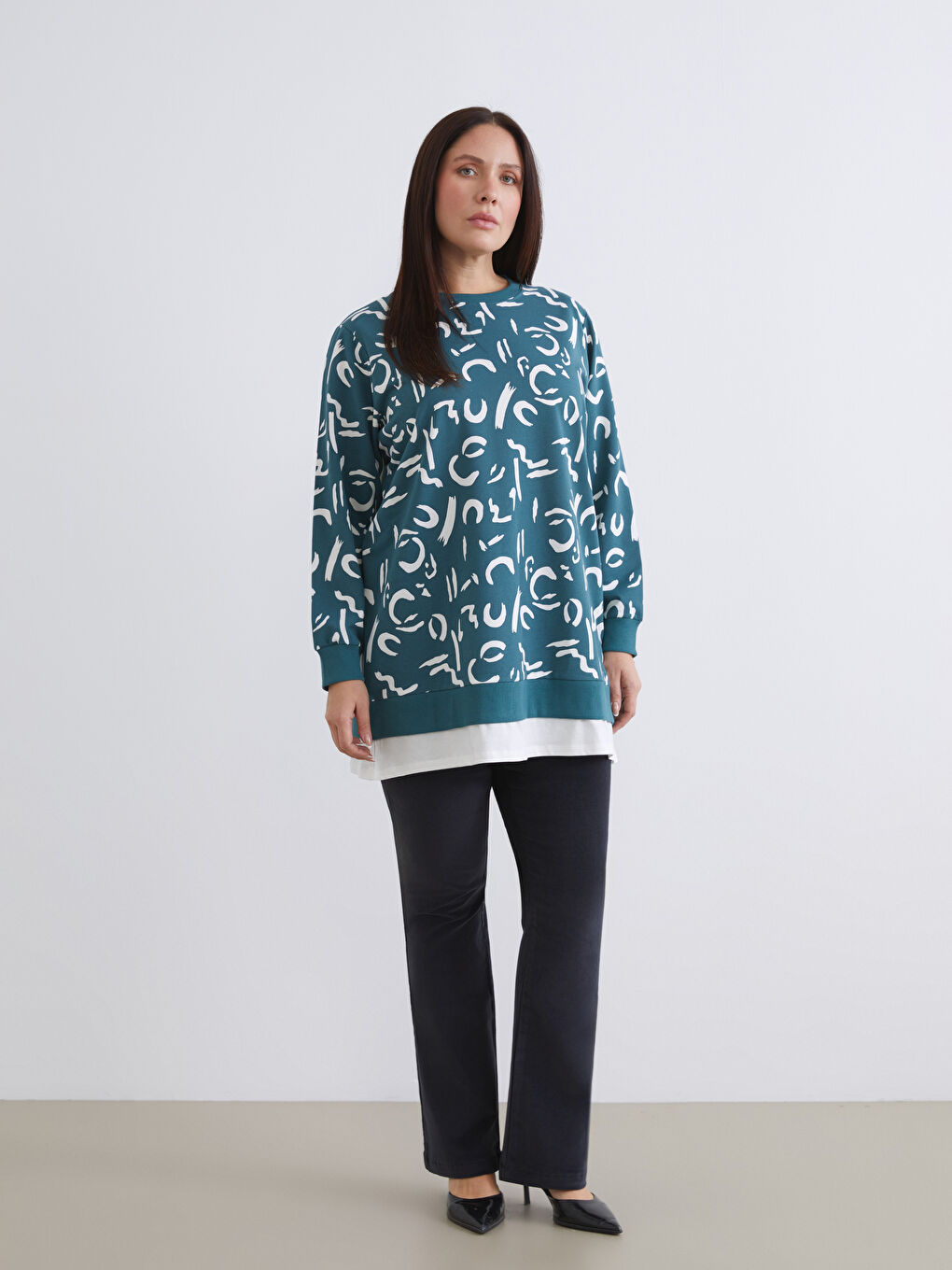 Petrol Bisiklet Yaka Desenli Kadın Sweatshirt Tunik-3