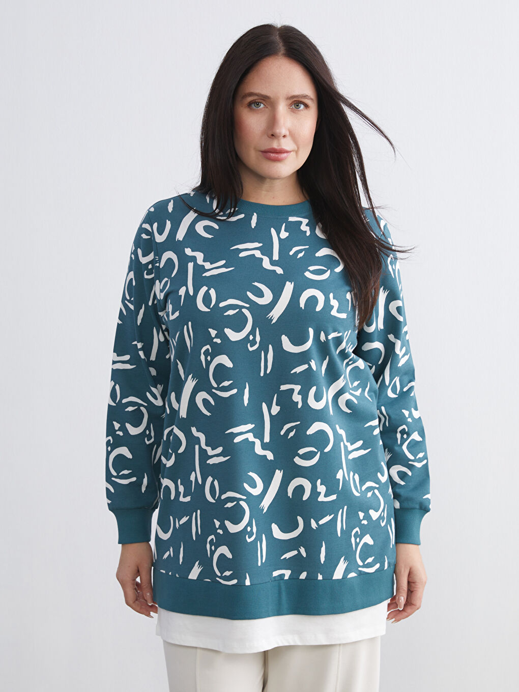 Petrol Bisiklet Yaka Desenli Kadın Sweatshirt Tunik-1