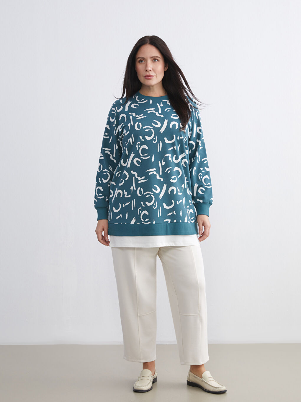 Petrol Bisiklet Yaka Desenli Kadın Sweatshirt Tunik-2