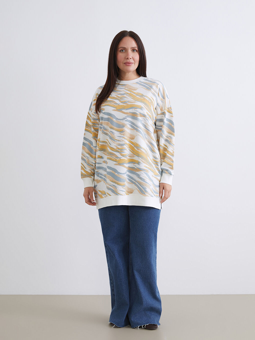 Mavi Büyük Beden Desenli Kadın Sweatshirt Tunik-5