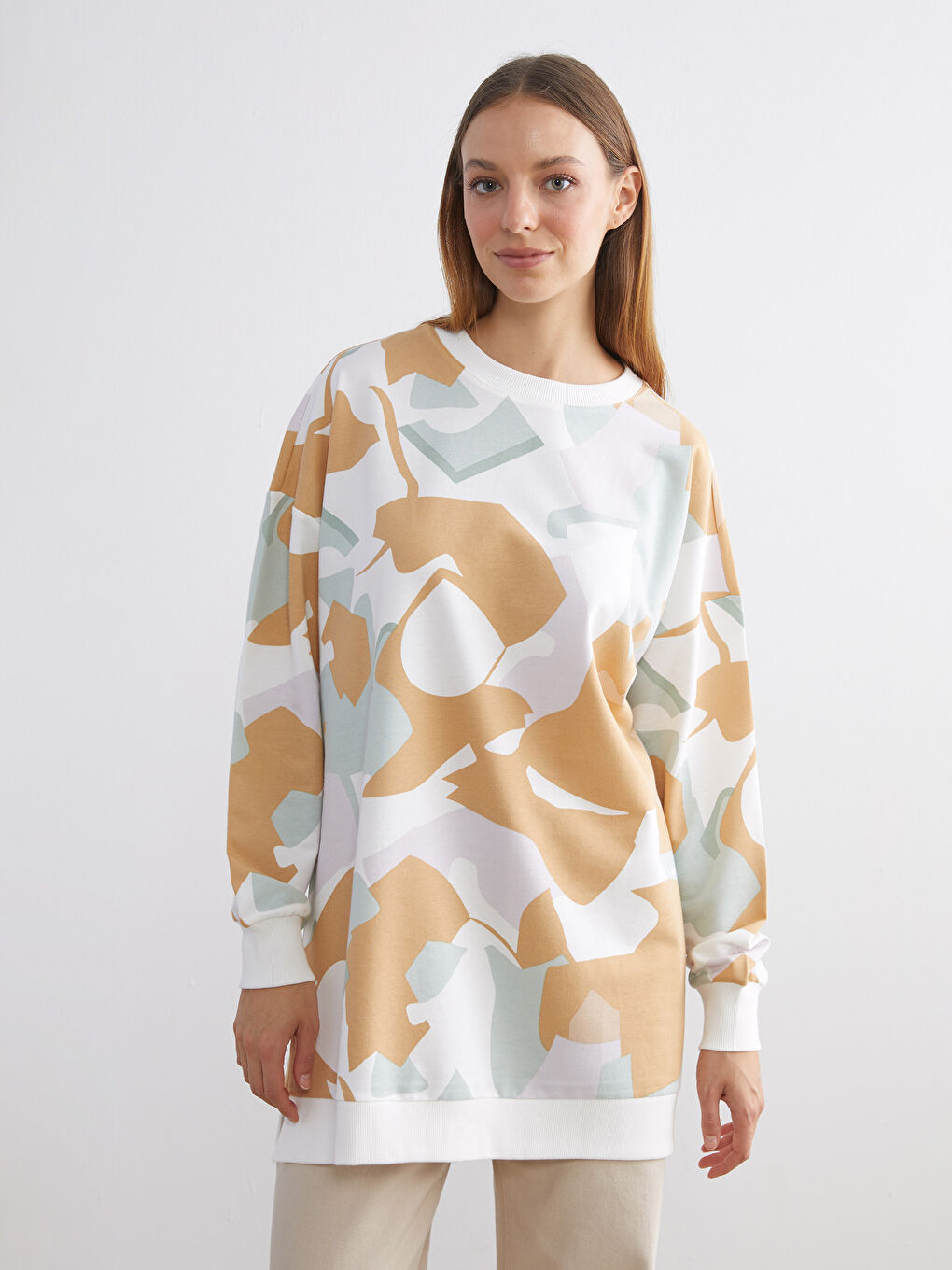 Karışık Bisiklet Yaka Desenli Kadın Sweatshirt Tunik