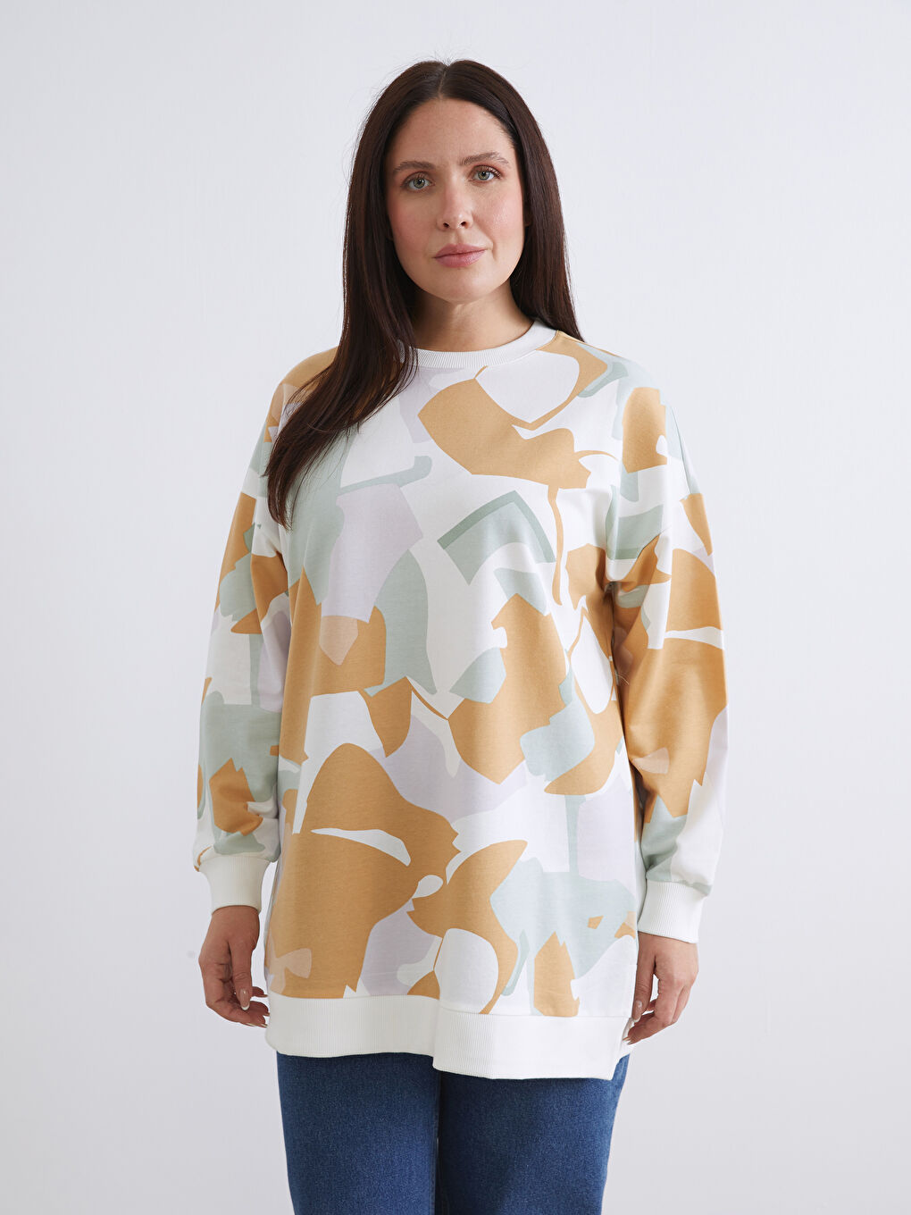 Karışık Bisiklet Yaka Desenli Kadın Sweatshirt Tunik-1