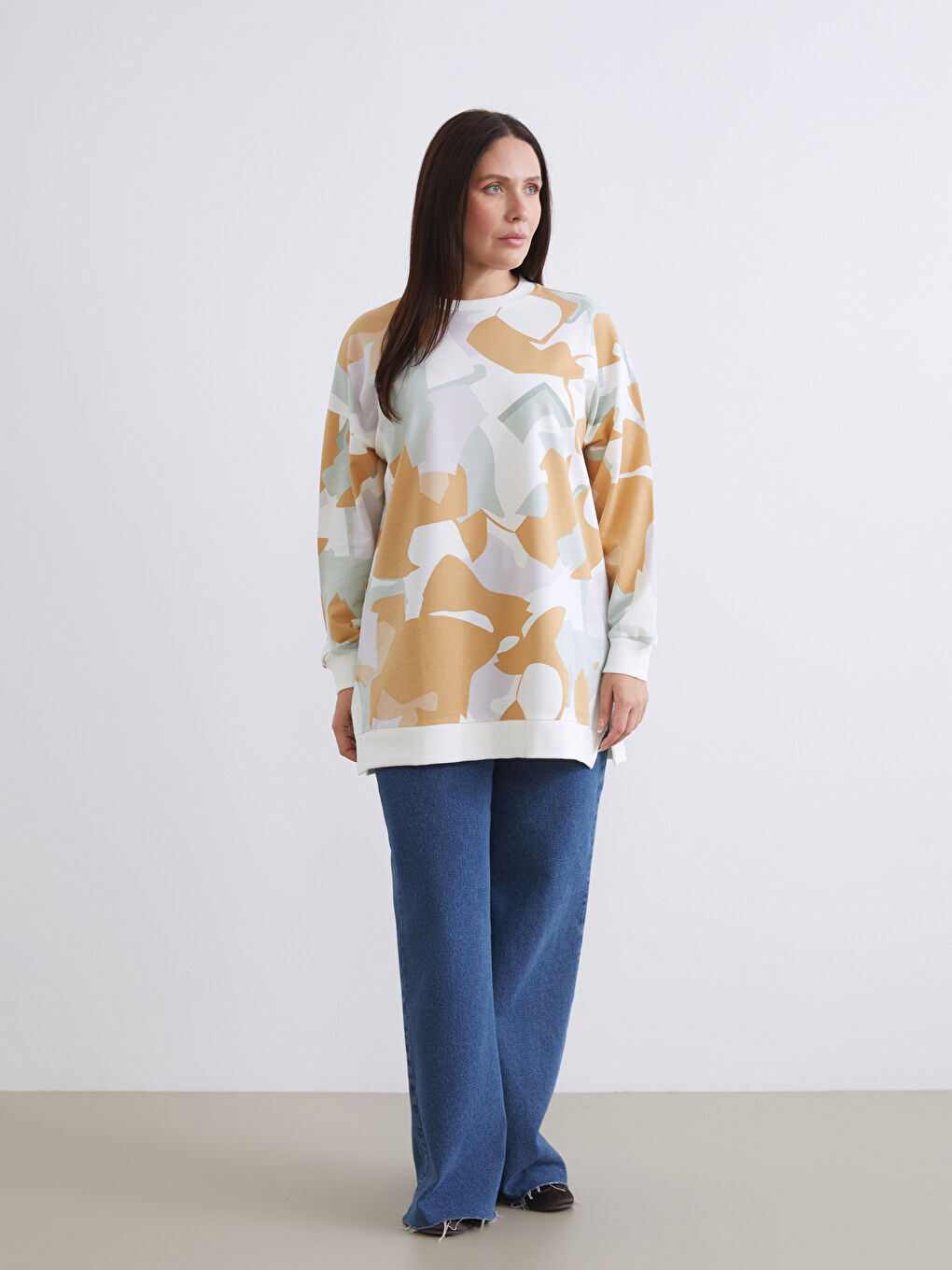 Karışık Bisiklet Yaka Desenli Kadın Sweatshirt Tunik-6