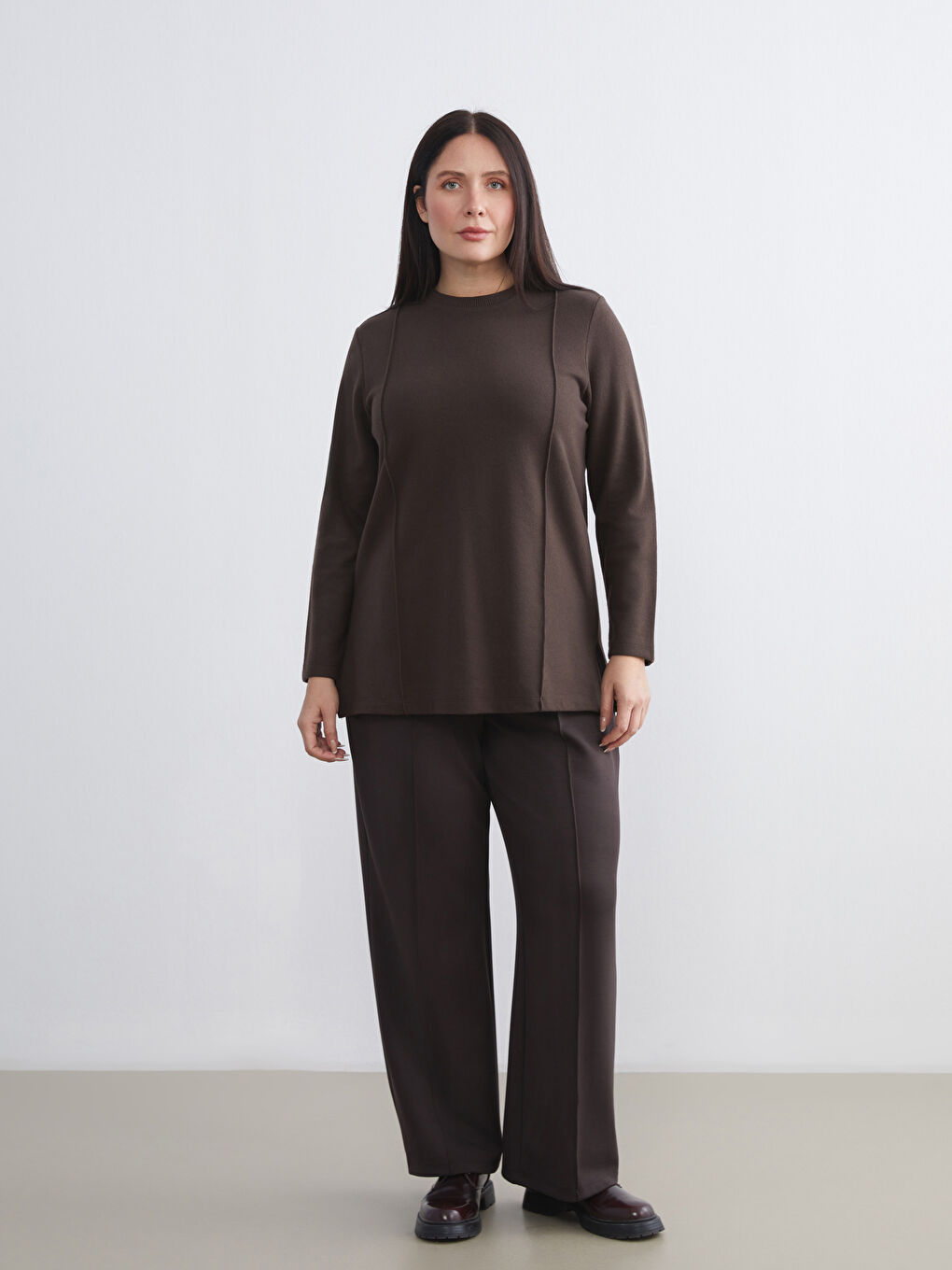 Kahverengi Bisiklet Yaka Kadın Sweatshirt Tunik-1