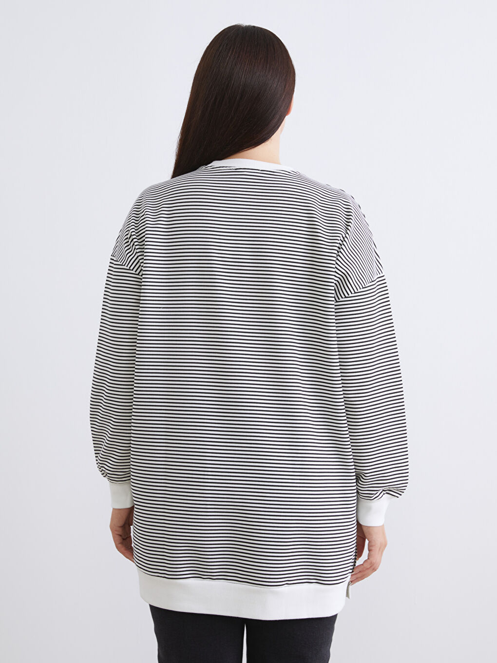 Siyah Büyük Beden Çizgili Kadın Sweatshirt Tunik-5