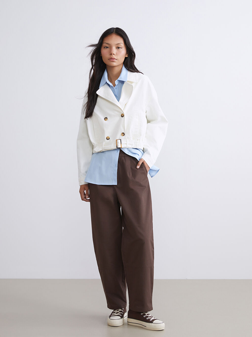 Kahverengi Beli Lastikli Gabardin Kadın Pantolon-1