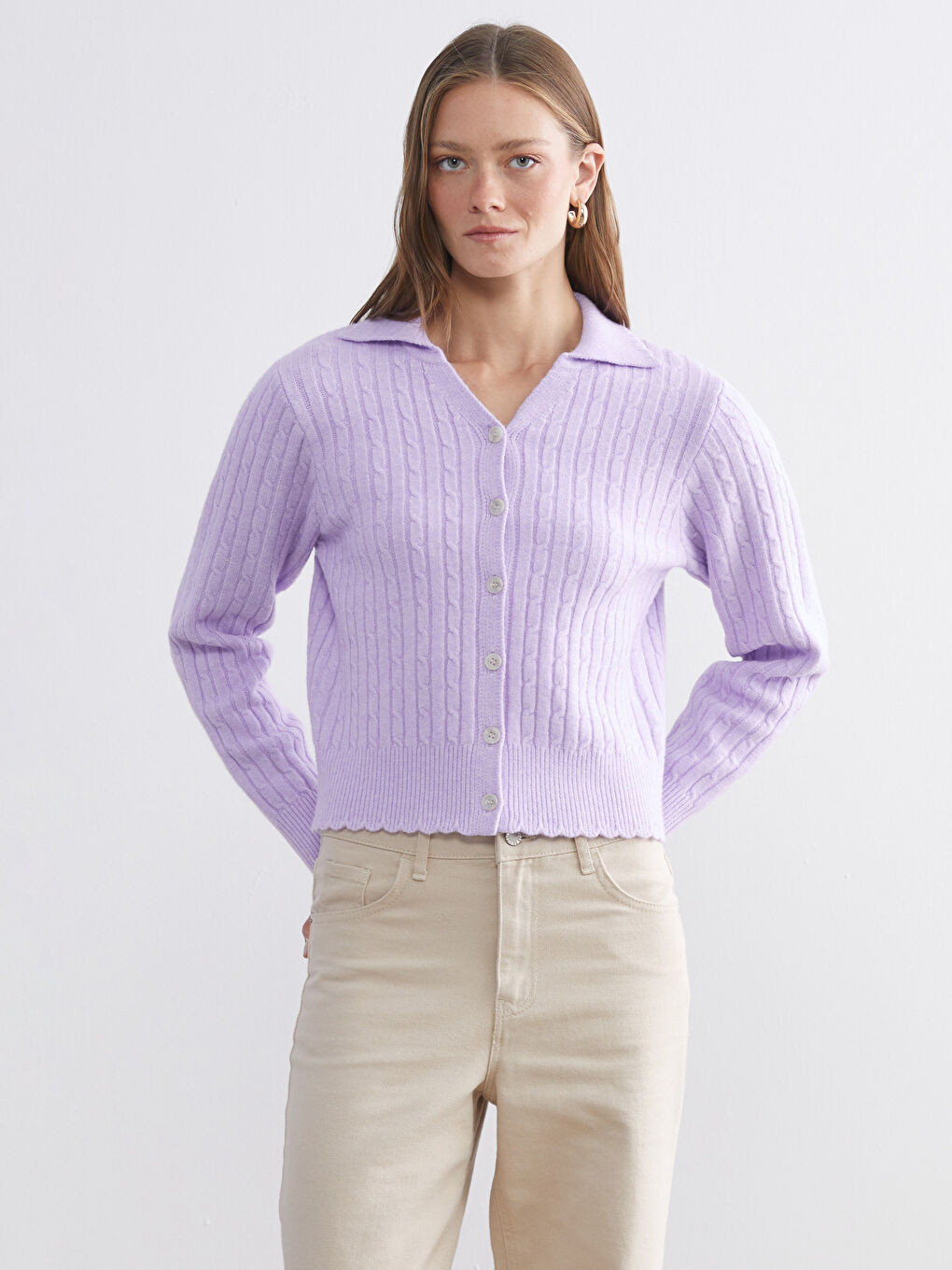 Polo Neck Patterned Long Sleeve Women Knitwear Cardigan