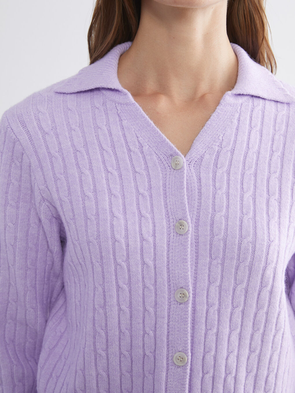 Polo Neck Patterned Long Sleeve Women Knitwear Cardigan-2