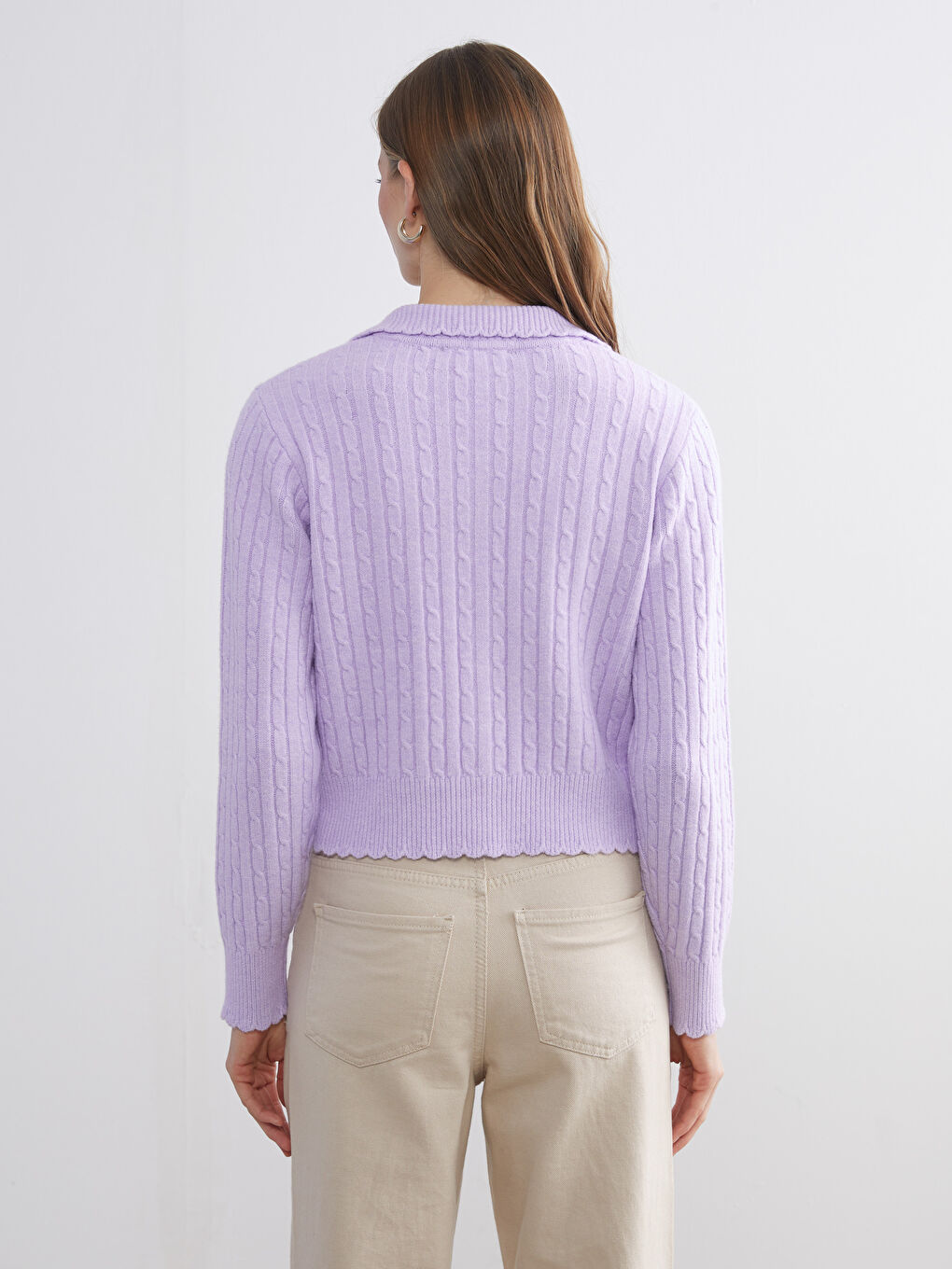 Polo Neck Patterned Long Sleeve Women Knitwear Cardigan-3