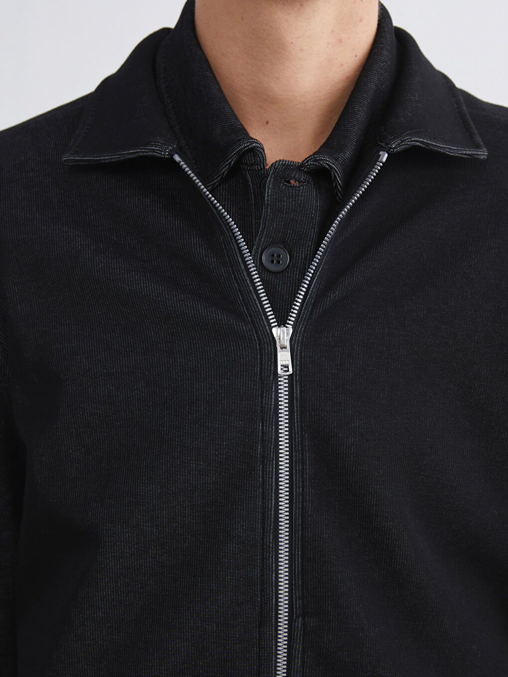 Siyah Standart Kalıp Polo Yaka Erkek Fermuarlı Sweatshirt-2