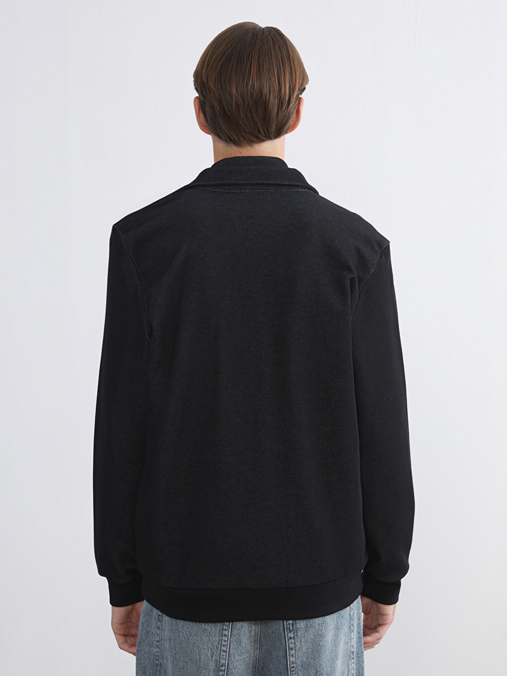 Siyah Standart Kalıp Polo Yaka Erkek Fermuarlı Sweatshirt-3