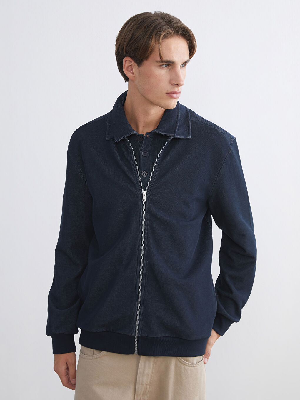 Lacivert Standart Kalıp Polo Yaka Erkek Fermuarlı Sweatshirt