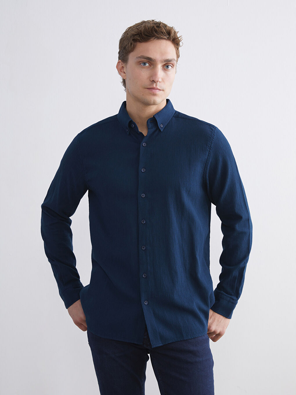 Lacivert Regular Fit Uzun Kollu Erkek Gömlek