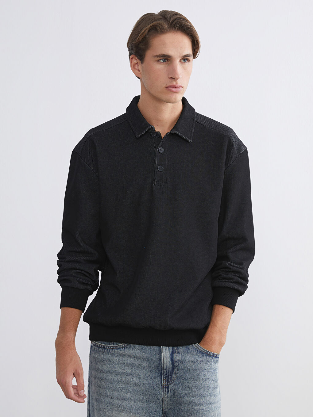 Siyah Polo Yaka Uzun Kollu Erkek Sweatshirt