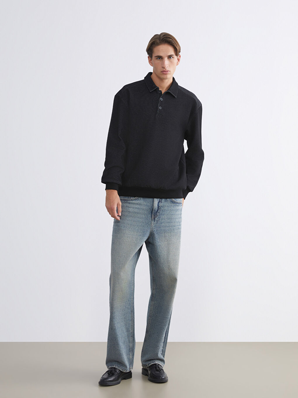 Siyah Polo Yaka Uzun Kollu Erkek Sweatshirt-1