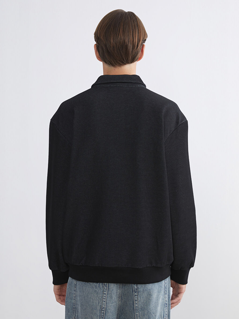 Siyah Polo Yaka Uzun Kollu Erkek Sweatshirt-3