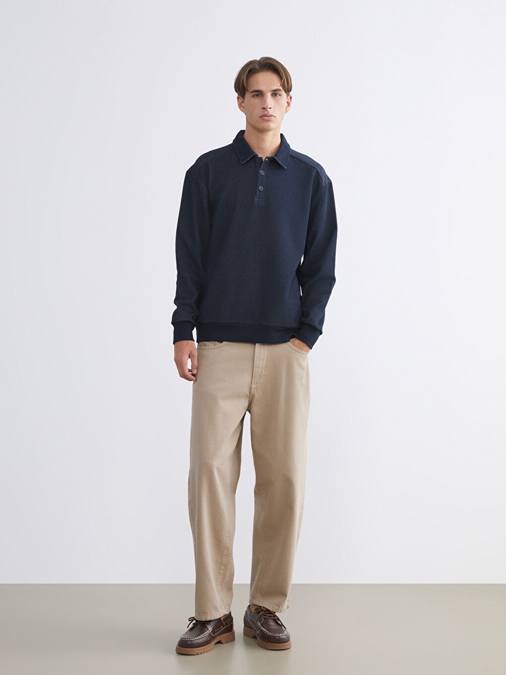 Lacivert Polo Yaka Uzun Kollu Erkek Sweatshirt-1