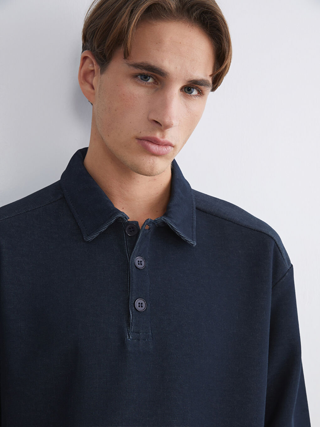 Lacivert Polo Yaka Uzun Kollu Erkek Sweatshirt-2