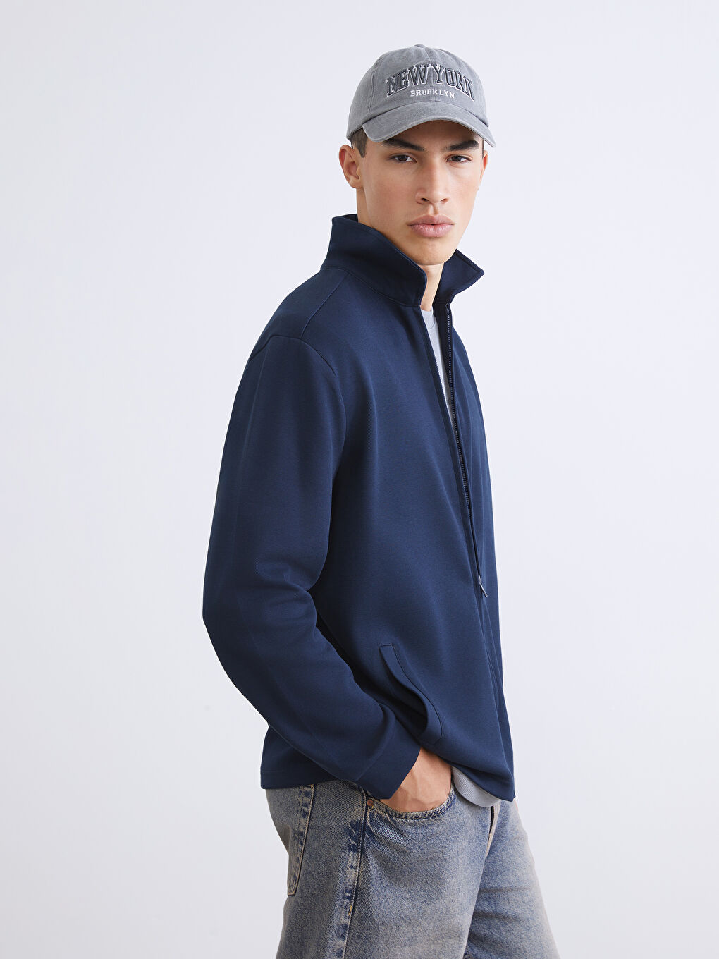 Lacivert Polo Yaka Erkek Fermuarlı Sweatshirt